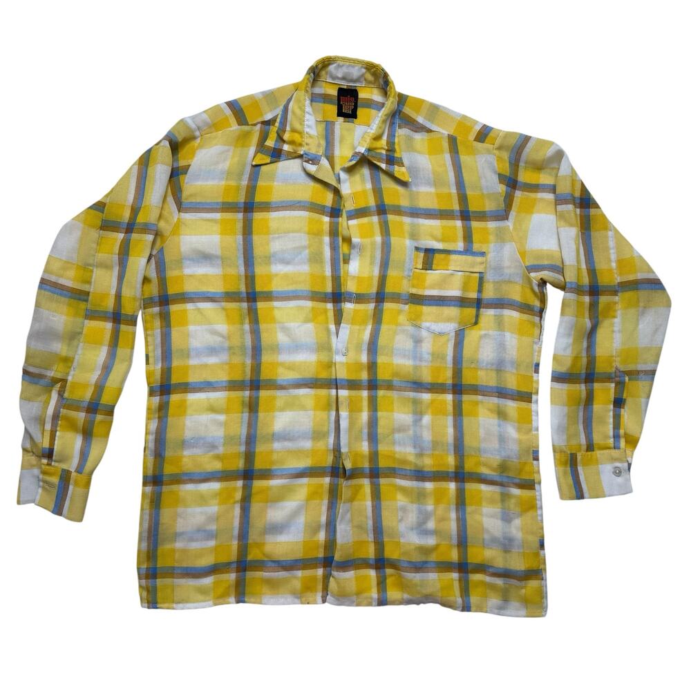 Vintage 60s 70s Yellow Polyester Plaid Shirt Size XL Mens MISTER *READ*